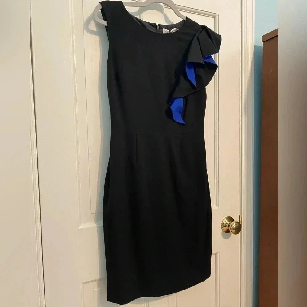 Calvin Klein - nWT black pencil dress - shoulder ruffle w blue - size 4